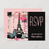 pink paris eiffel tower destination wedding invitation postcard (Front/Back)