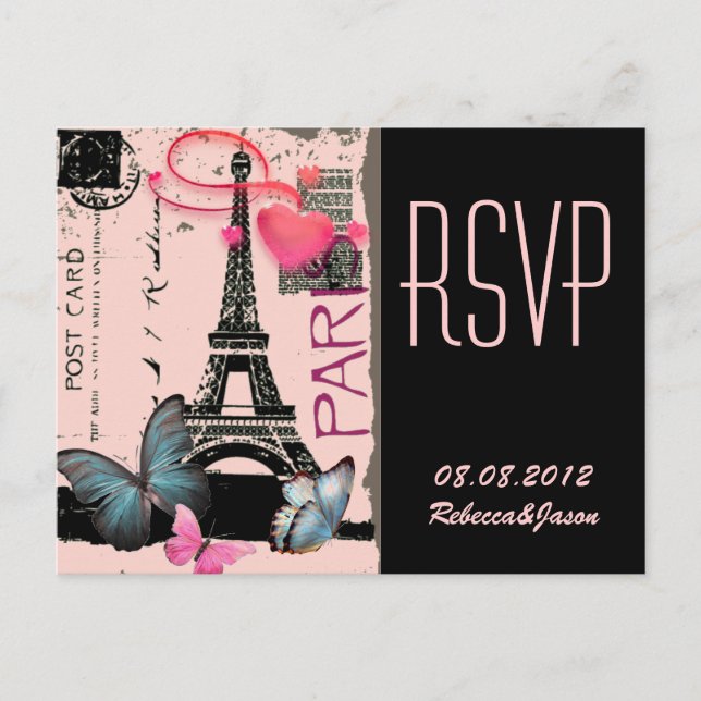 pink paris eiffel tower destination wedding invitation postcard (Front)