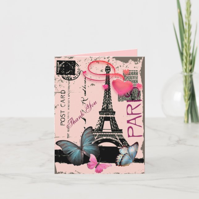 pink paris eiffel tower destination wedding thank you card (Front)
