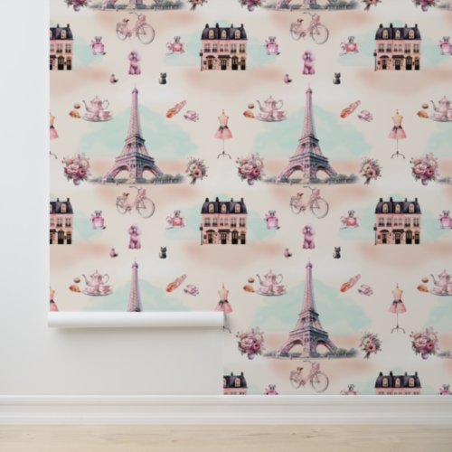 Pink Paris  Eiffel Tower French Themed Pattern Wallpaper