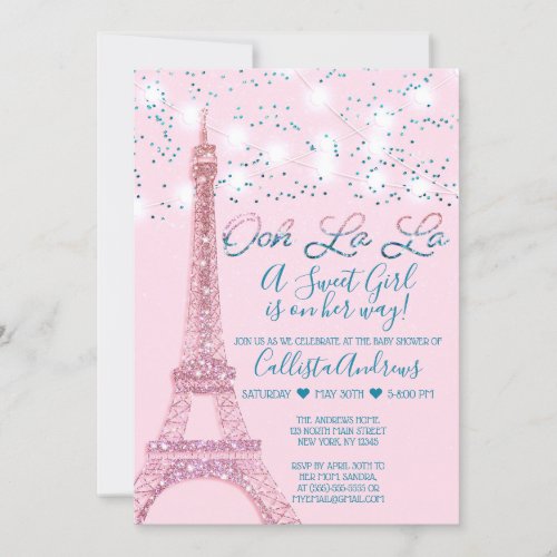Pink Paris Eiffel Tower Glitter Lights Baby Shower Invitation