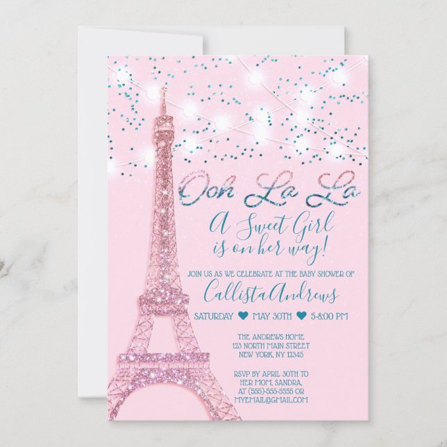Pink Paris Eiffel Tower Glitter Lights Baby Shower Invitation (Front)