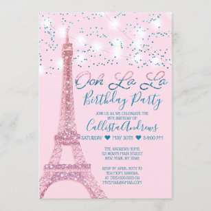 Pink Paris Eiffel Tower Glitter Lights Birthday Invitation