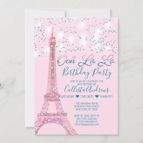 Pink Paris Eiffel Tower Glitter Lights Birthday Invitation