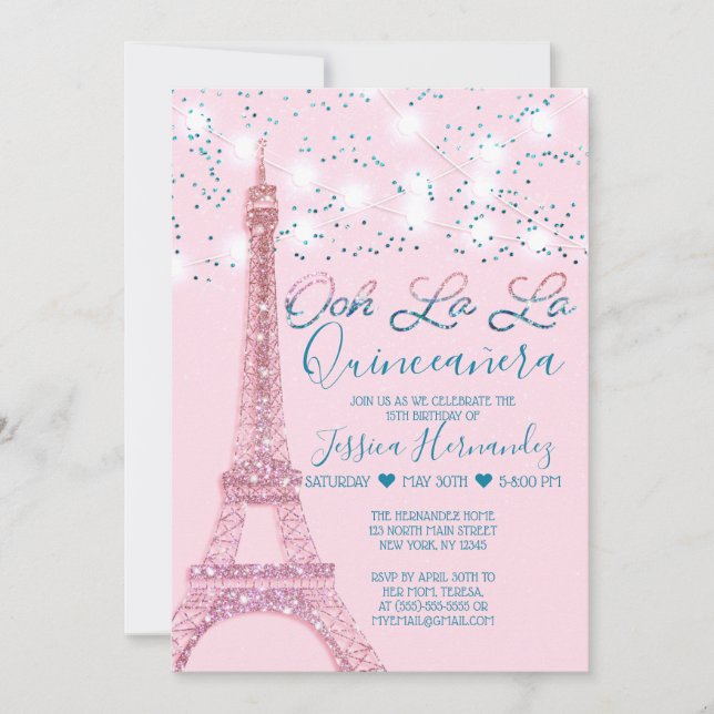 Pink Paris Eiffel Tower Glitter Lights Quinceañera Invitation (Front)