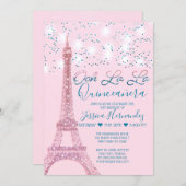Pink Paris Eiffel Tower Glitter Lights Quinceañera Invitation (Front/Back)