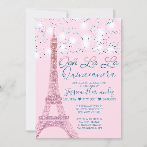 Pink Paris Eiffel Tower Glitter Lights Quinceaera Invitation