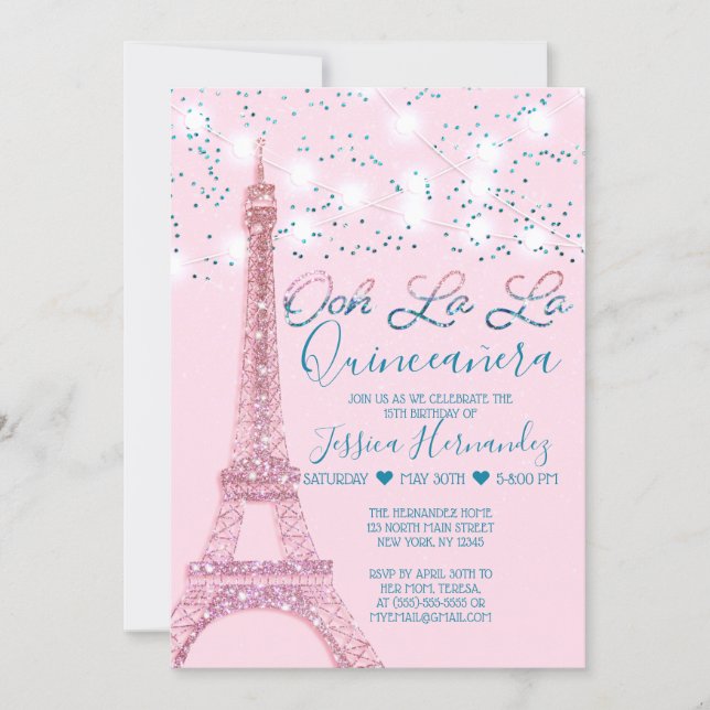 Pink Paris Eiffel Tower Glitter Lights Quinceañera Invitation (Front)