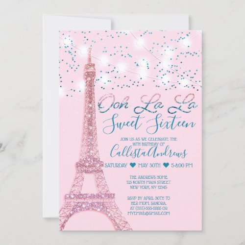 Pink Paris Eiffel Tower Glitter Lights Sweet 16 Invitation