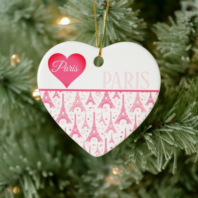 Pink Paris Heart Eiffel Tower Pattern Chic Ceramic Ornament (Tree)