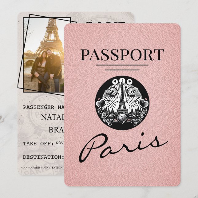 Pink Paris Passport Save The Date (Front/Back)
