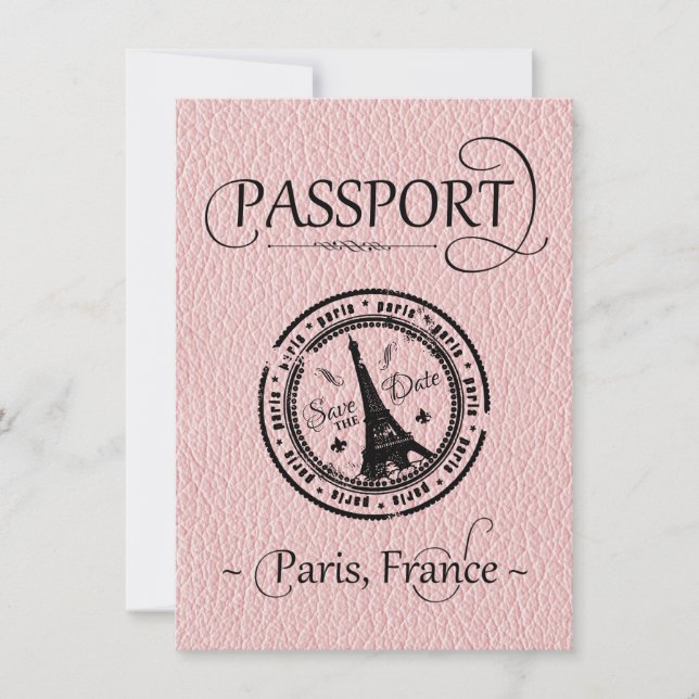Pink Paris Passport Save the Date Card (Front)