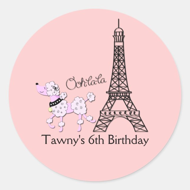 PINK PARIS POODLE 3-inch Favor Stickers (Front)