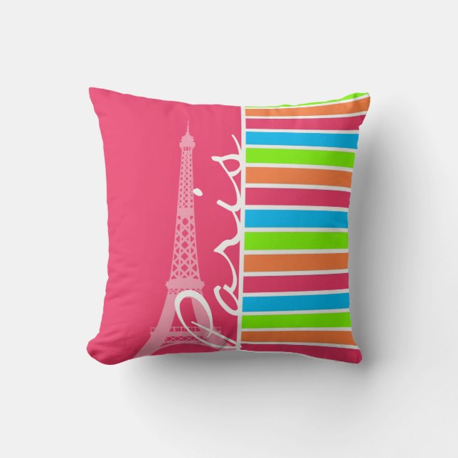 Pink Paris; Retro Neon Rainbow Throw Pillow (Front)