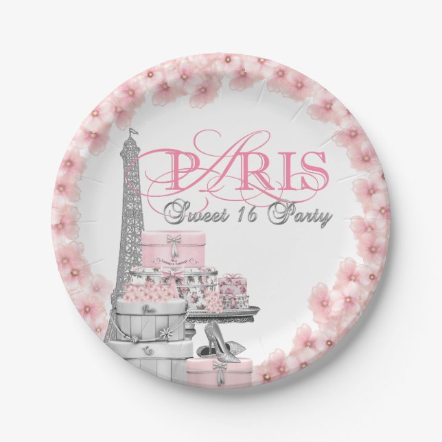 Pink Paris Sweet 16 Birthday Party Paper Plates (Front)