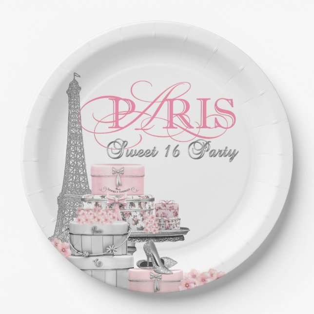 Pink Paris Sweet 16 Birthday Party Paper Plates (Front)