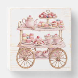 Pink Paris Tea Cart with Macarons and Pastries  Wooden Box Sign