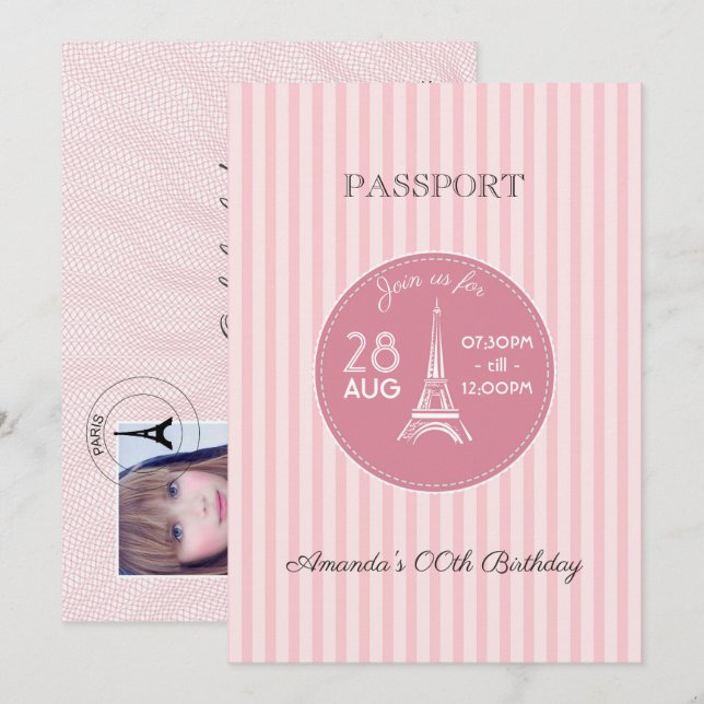 Pink Paris Theme Birthday Party Passport Add Photo Invitation (Front/Back)