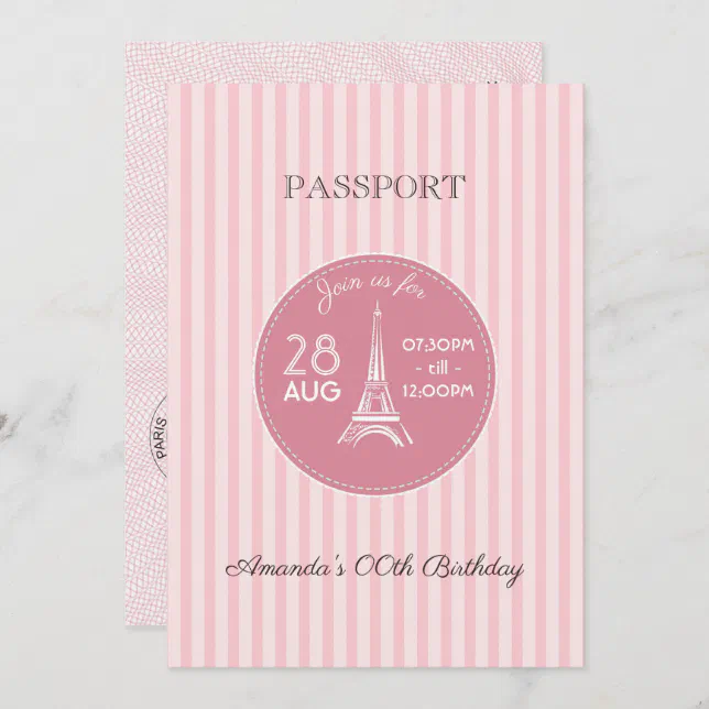 Pink Paris Theme Birthday Party Passport Add Photo Invitation 