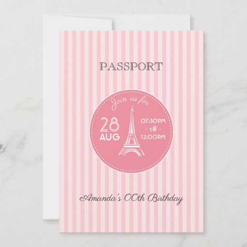 Pink Paris Theme Birthday Party Passport add photo Invitation | Zazzle