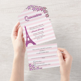Pink Paris Themed Quinceañera All In One Invitation