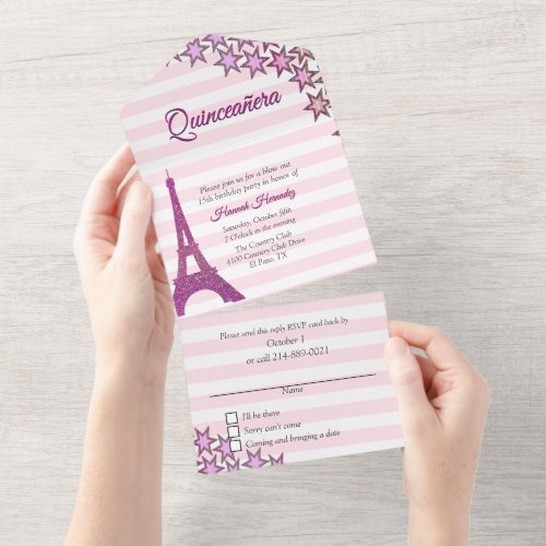 Pink Paris Themed Quinceaera All In One Invitation