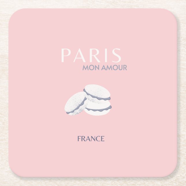 Pink Paris Travel Art Pastel Preppy Macarons  Square Paper Coaster (Front)