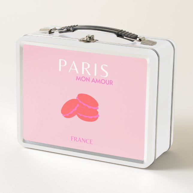 Pink Paris Travel Art Preppy Macarons  Metal Lunch Box (Front)
