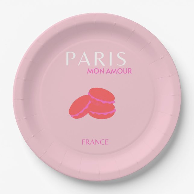 Pink Paris Travel Art Preppy Macarons  Paper Plates (Front)