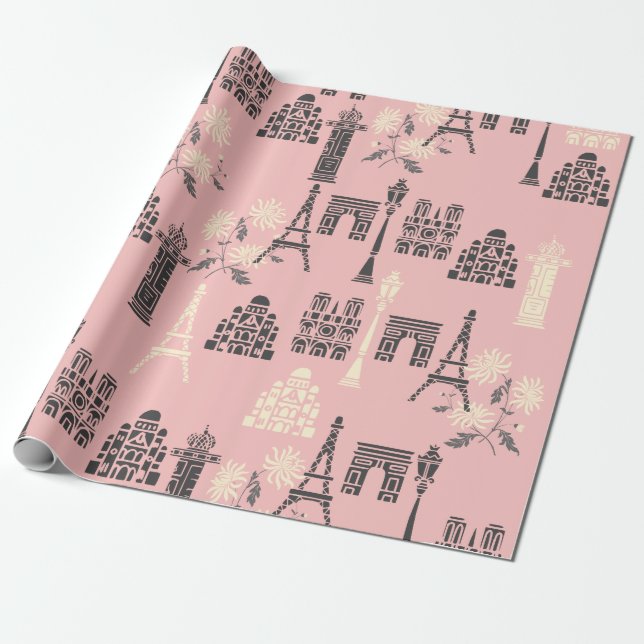 Pink Paris Wrapping Paper (Unrolled)