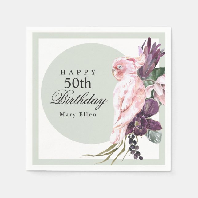 Pink Parrot Boho Botanical 50th Birthday Napkins (Front)