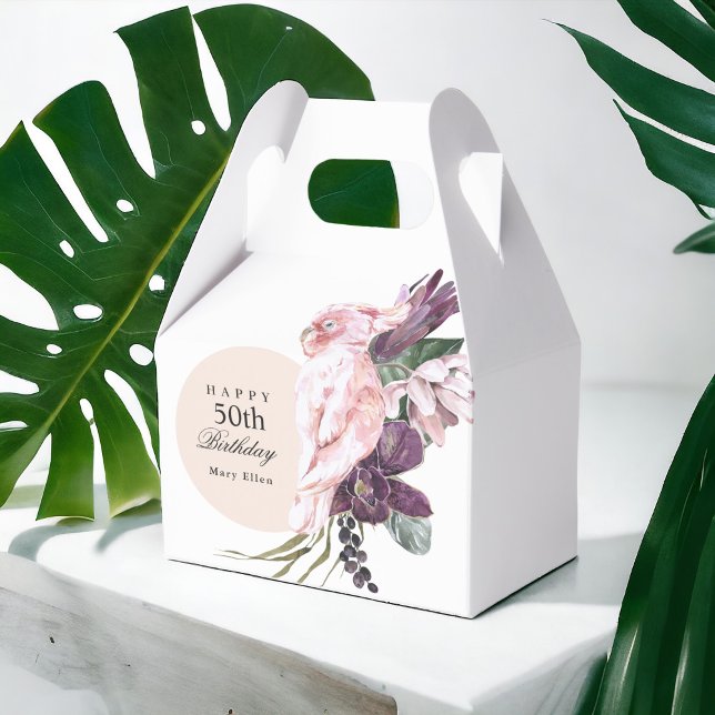 Pink Parrot Boho Tropical 50th Birthday Party Favor Boxes (This style favor box available in 3 sizes.)