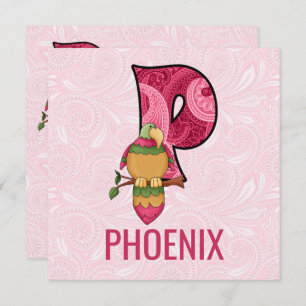 Pink Parrot Letter P Kids Birthday Party Invitation