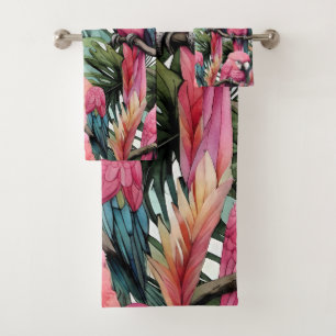 Pink Parrots among trees. Bath Towel Set