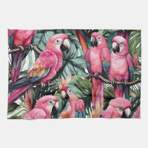 Pink Parrots Birds Art  Kitchen Towel