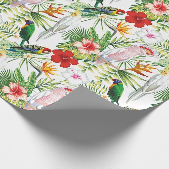 Pink Parrots & Tropical Hibiscus Flowers Gift Wrapping Paper