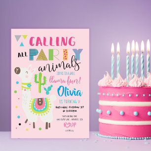 Pink Party Animal Cute Llama Birthday Invitation