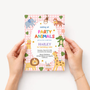 Pink Party Animals 1st Birthday Invitation