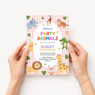 Pink Party Animals 1st Birthday Invitation