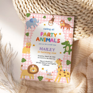Pink Party Animals 1st Birthday Invitation
