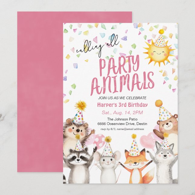 Pink Party Animals in Party Hats Birthday Invitation (Front/Back)