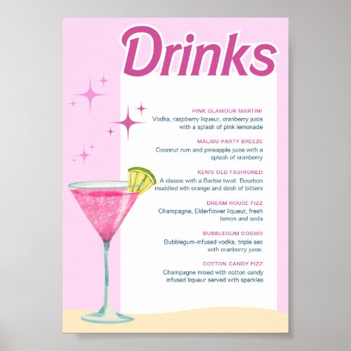 Pink Party Bachelorette Cocktail Menu Poster