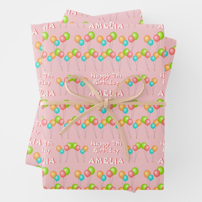 Pink Party Balloons Kid Happy Birthday Wrapping Paper Sheets (In situ)