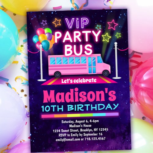 Pink Party Bus VIP Birthday Invitation