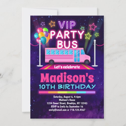 Pink Party Bus VIP Birthday Invitation