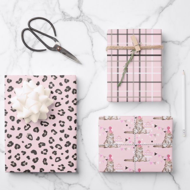Pink Party Cat Birthday, Stripes and Plaids Wrapping Paper Sheets (Front)