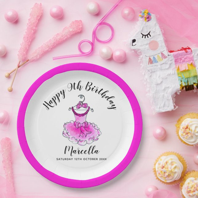 Pink party dress girls 9th birthday party paper plates (Party)