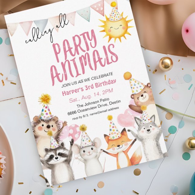 Pink Party Forest Animals in Party Hats Birthday Invitation (Creator Uploaded)