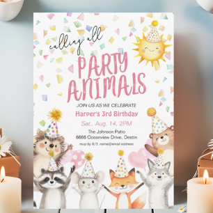 Pink Party Forest Animals in Party Hats Birthday Invitation