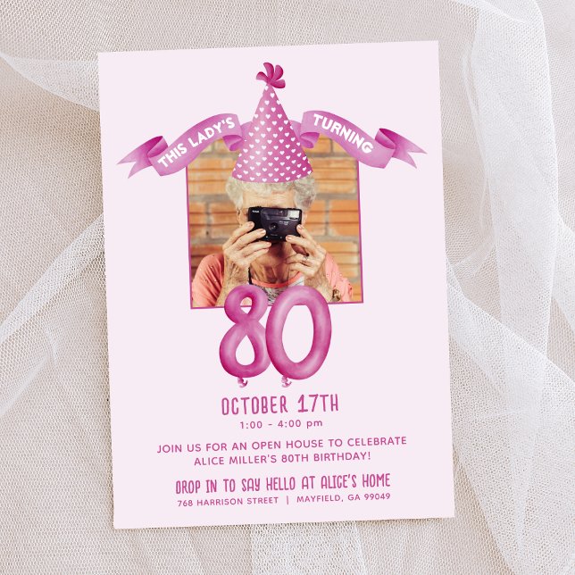 Pink Party Hat 80th Birthday Open House Photo Invitation (Creator Uploaded)